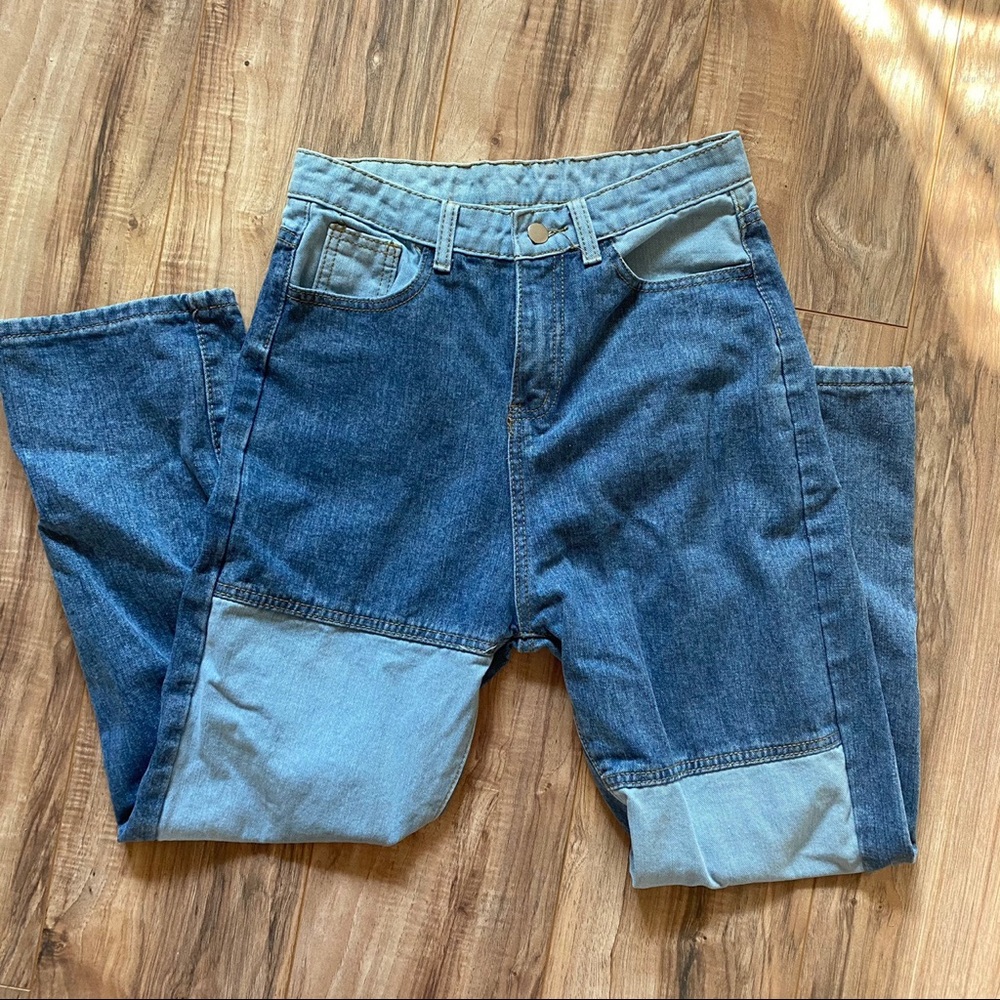 Patchwork straight leg jeans